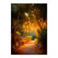 Orange Grove Path - Poster showcasing a tranquil winding path through an orange grove with glowing foliage.