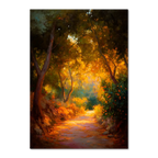 Orange Grove Path - Poster showcasing a tranquil winding path through an orange grove with glowing foliage.