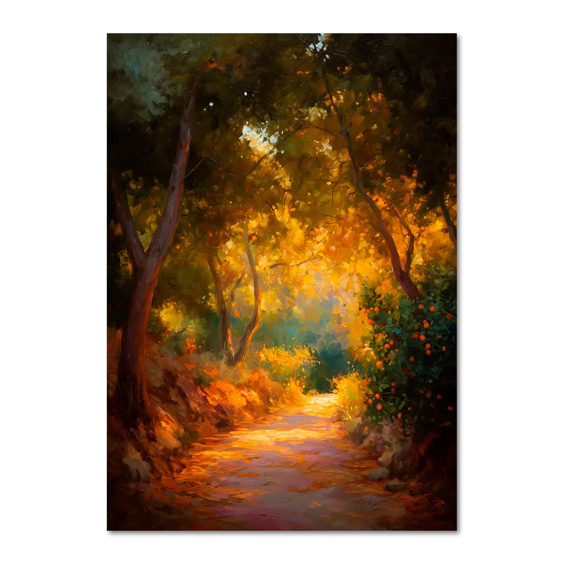 Orange Grove Path - Poster showcasing a tranquil winding path through an orange grove with glowing foliage.
