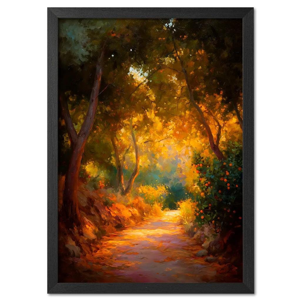 Orange Grove Path - Poster featuring a serene path through a vibrant orange grove with golden sunlight.