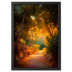 Orange Grove Path - Poster featuring a serene path through a vibrant orange grove with golden sunlight.