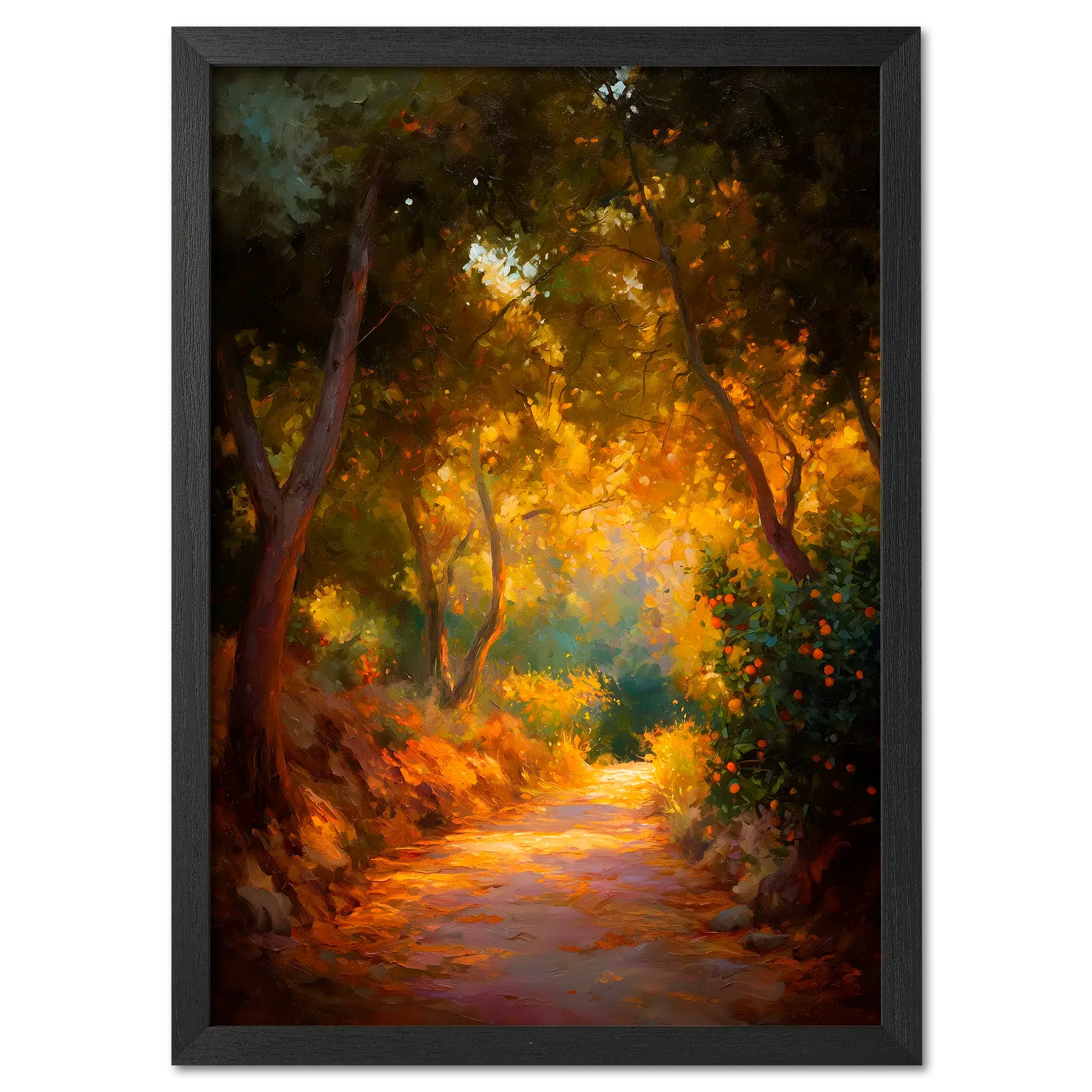 Orange Grove Path - Poster featuring a serene path through a vibrant orange grove with golden sunlight.