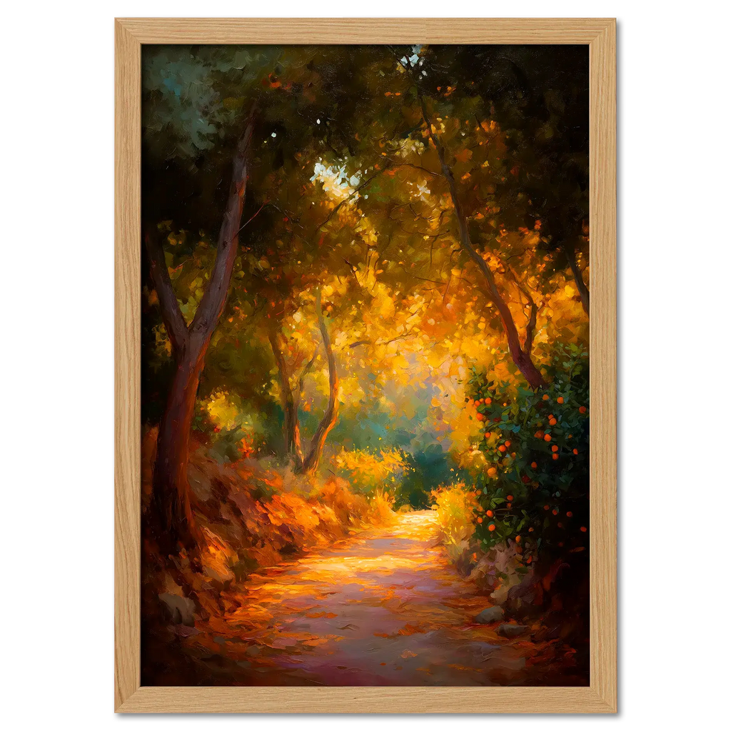 Orange Grove Path - Poster showcasing a scenic trail through an orange grove with warm golden foliage.