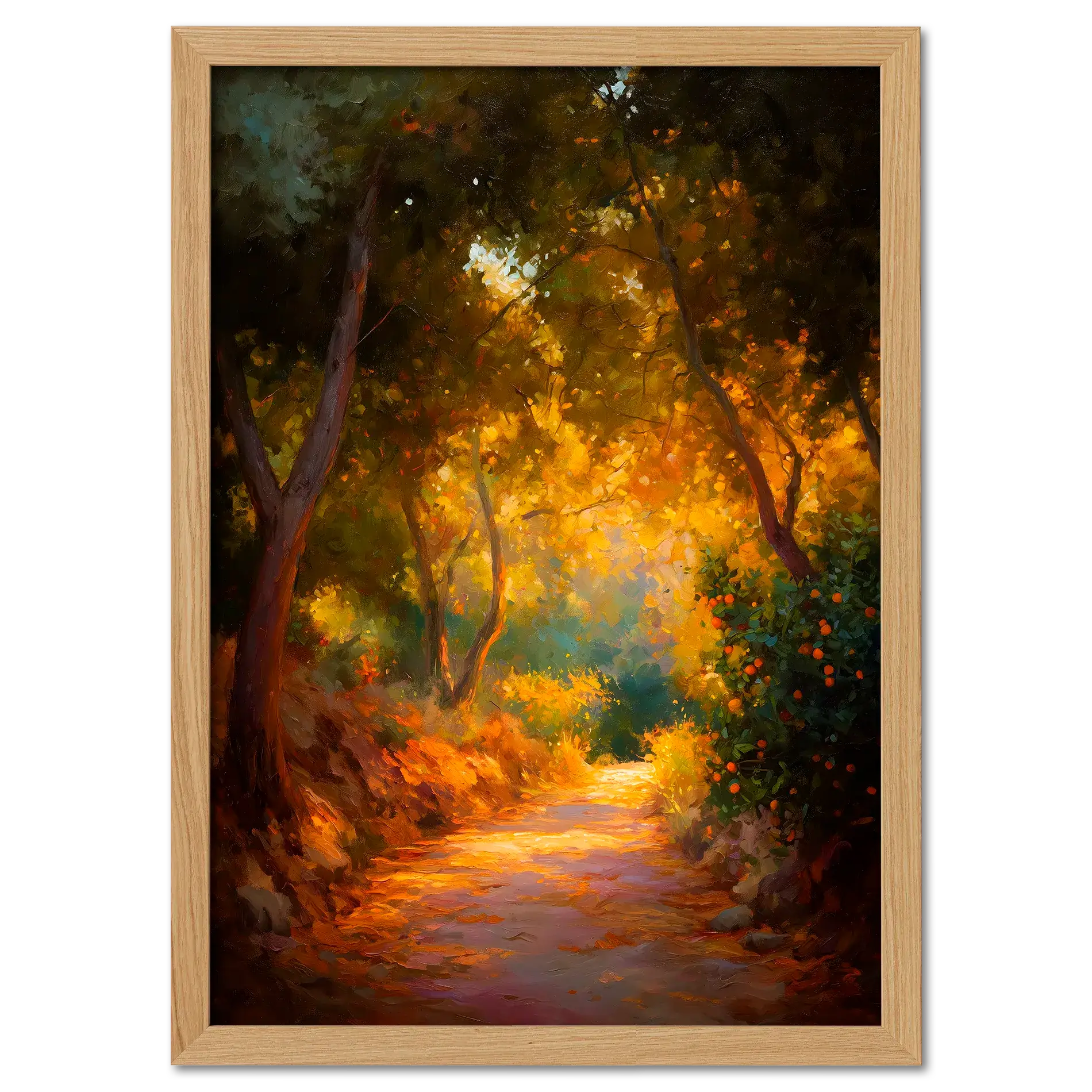 Orange Grove Path - Poster showcasing a scenic trail through an orange grove with warm golden foliage.