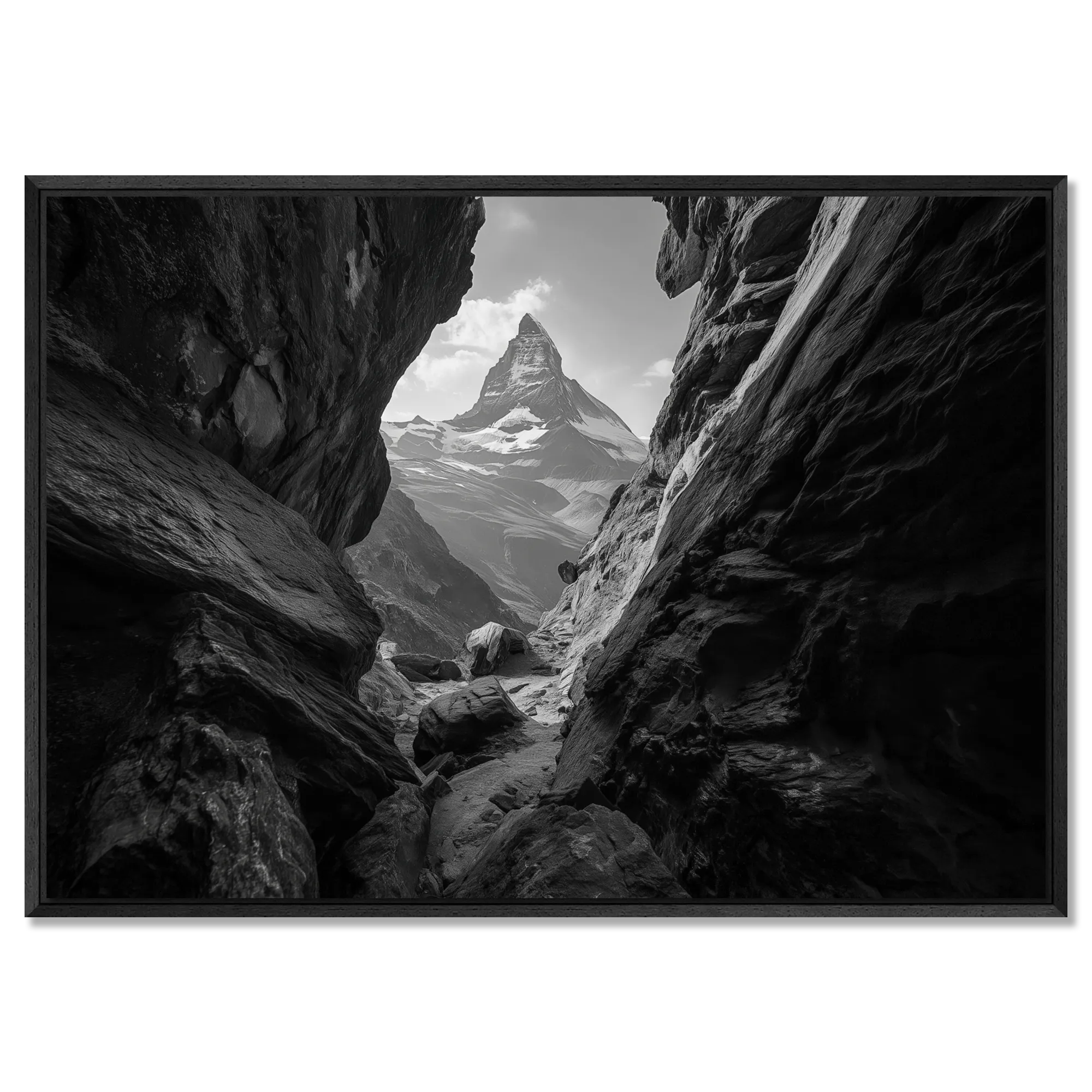 Passage to the Matterhorn – Alu-Dibond wall art featuring a rocky passage leading to the Matterhorn in black and white.