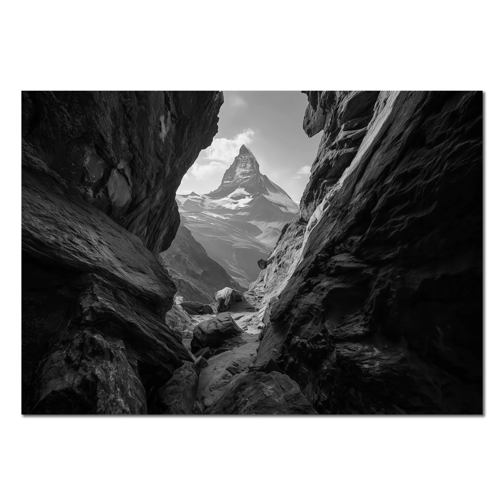 Passage to the Matterhorn – Alu-Dibond wall art depicting a rocky passage with the Matterhorn in the background.