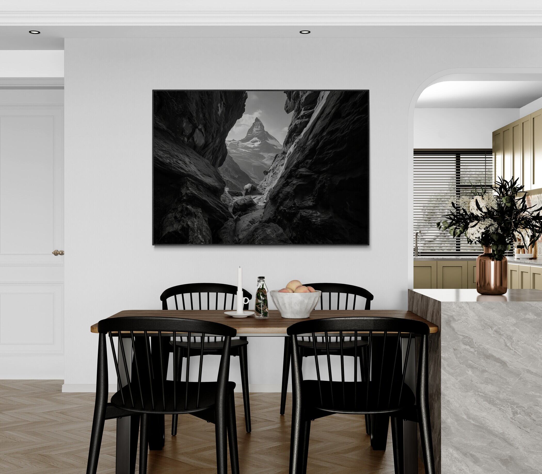 Passage to the Matterhorn – Alu-Dibond wall art displayed in a modern dining area, black-and-white mountain landscape.