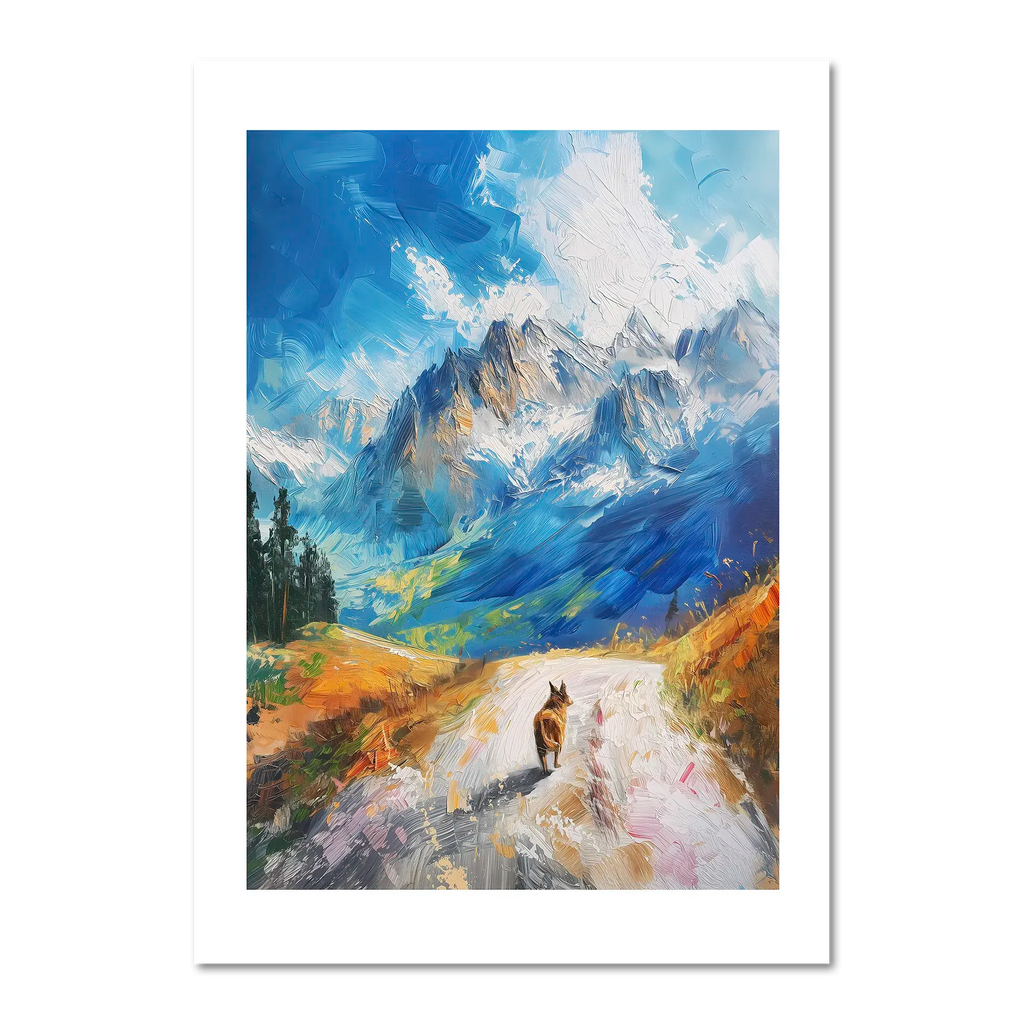 Path to Beauty - Poster featuring a serene mountain path and a dog under a blue sky with dramatic peaks.