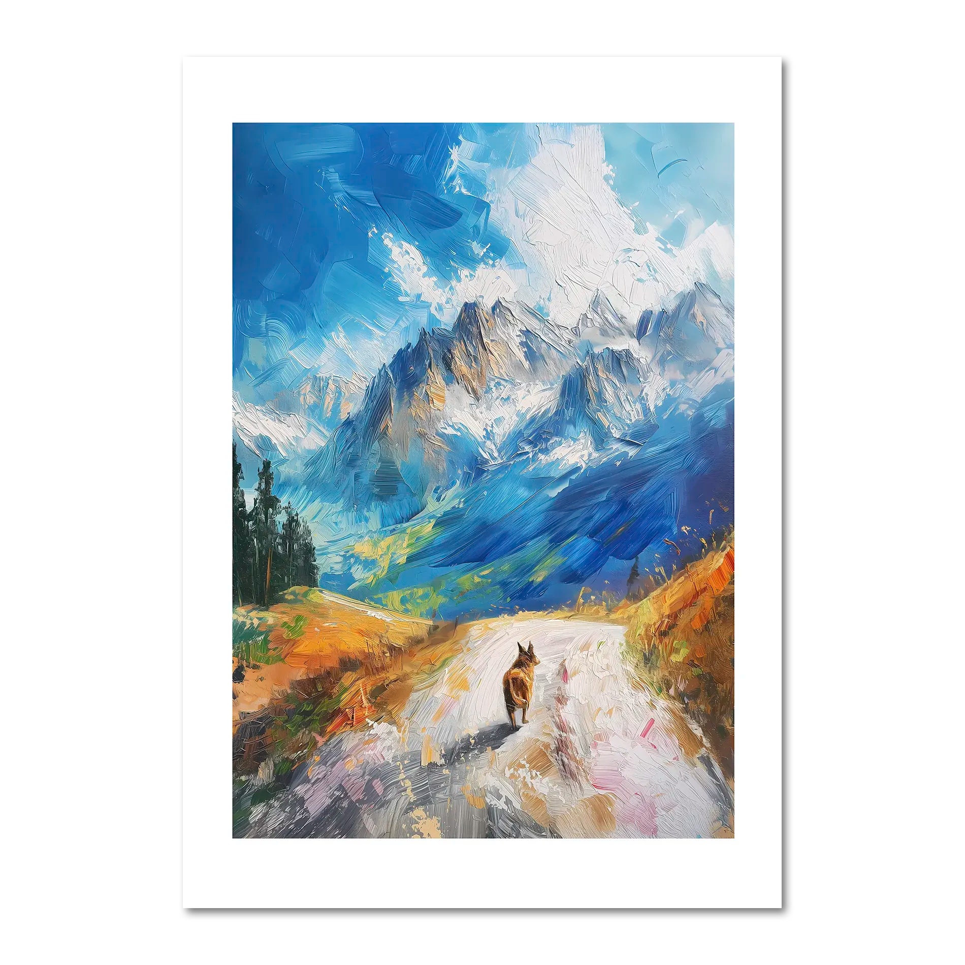 Path to Beauty - Poster featuring a serene mountain path and a dog under a blue sky with dramatic peaks.