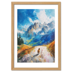 Path to Beauty - Poster showing a mountain path and dog under a blue sky, evoking peace and nature.