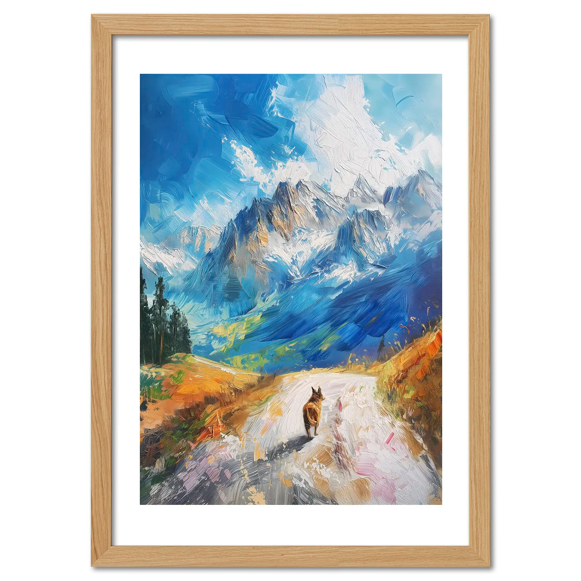 Path to Beauty - Poster showing a mountain path and dog under a blue sky, evoking peace and nature.