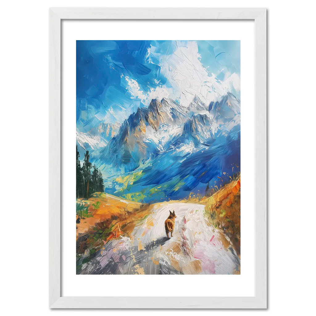 Path to Beauty - Poster featuring a dog walking along a mountain path under a blue sky with dramatic peaks.