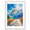 Path to Beauty - Poster featuring a dog walking along a mountain path under a blue sky with dramatic peaks.