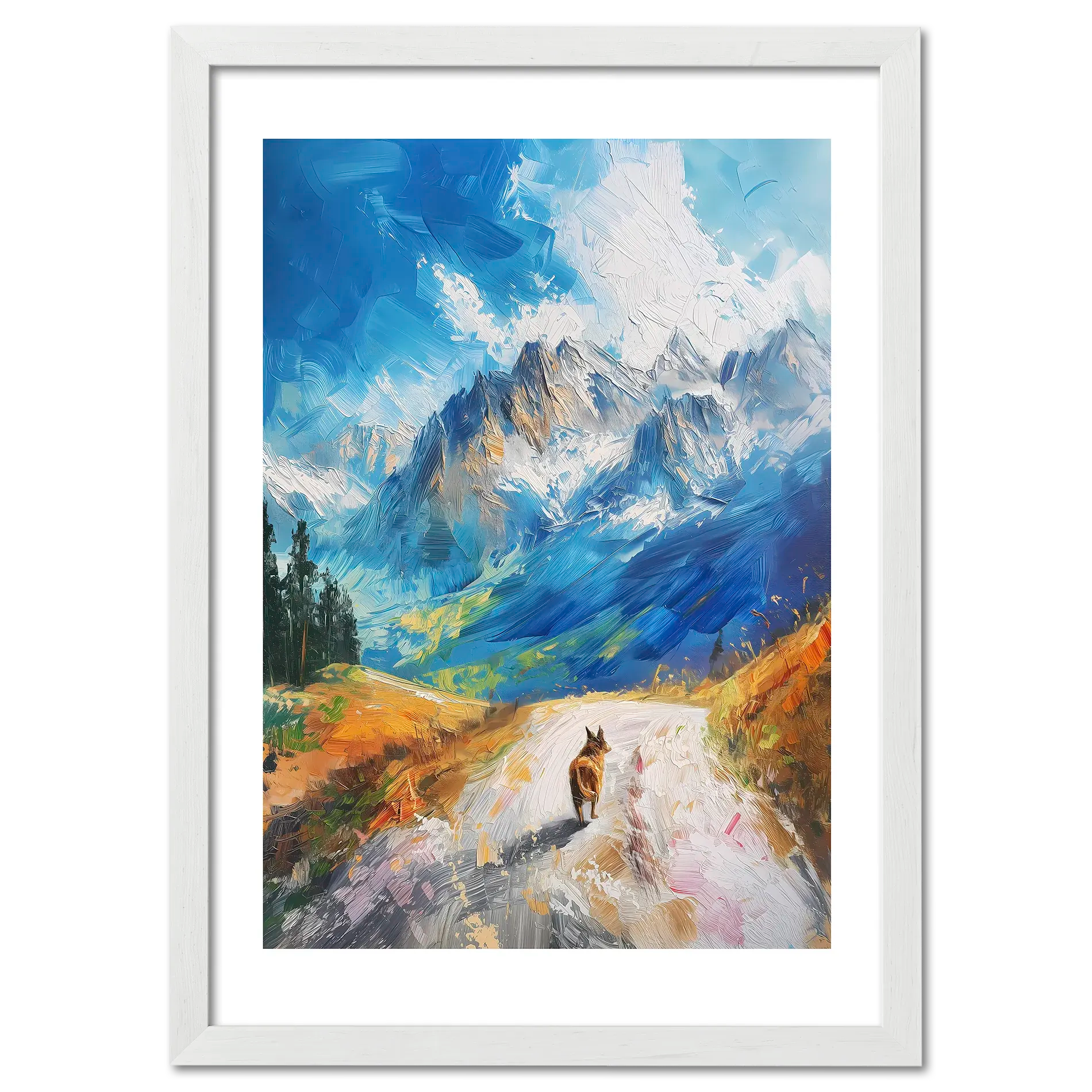 Path to Beauty - Poster featuring a dog walking along a mountain path under a blue sky with dramatic peaks.