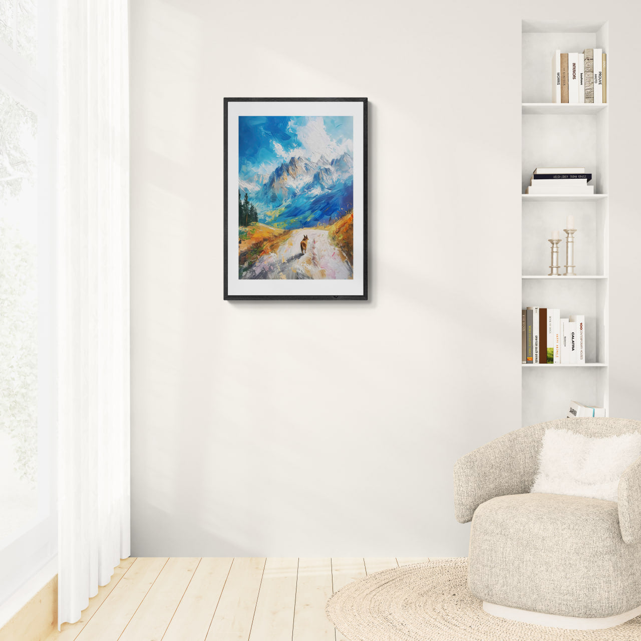 Path to Beauty - Poster featuring a serene mountain path with a dog, ideal Wall Art in Alu-Dibond large format.