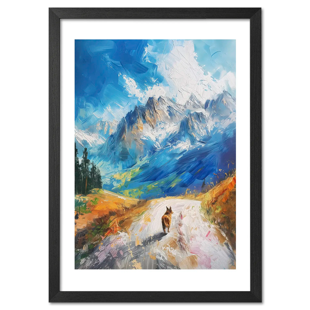 Path to Beauty - Poster featuring a dog on a mountain path beneath dramatic peaks and a blue sky.