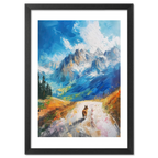 Path to Beauty - Poster featuring a dog on a mountain path beneath dramatic peaks and a blue sky.