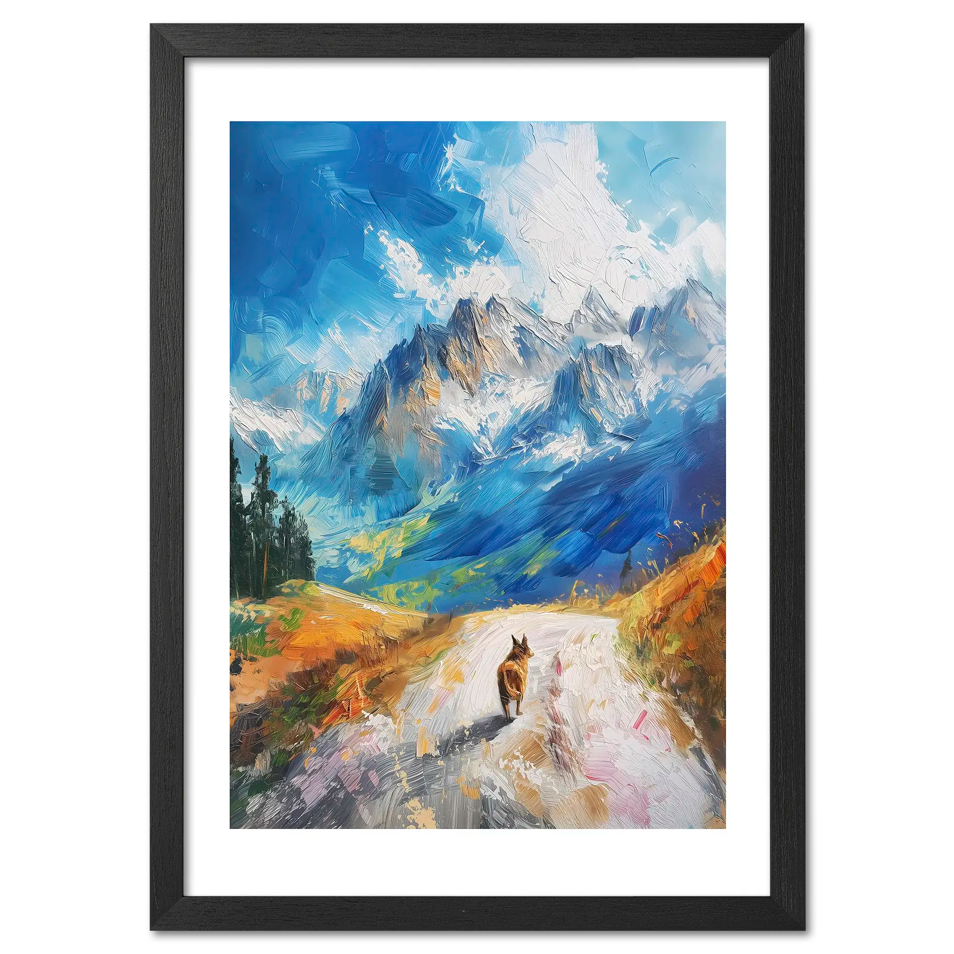 Path to Beauty - Poster featuring a dog on a mountain path beneath dramatic peaks and a blue sky.
