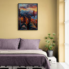 A Moment of Peace at the Summit - Poster displayed above a bed, showcasing calming mountain scenery.