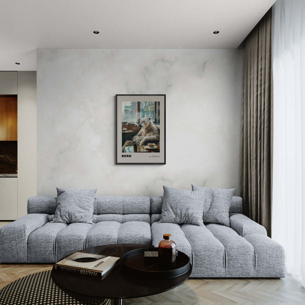 Jorney to the capital, Bern - Poster displayed in a modern living room with cozy grey couch and stylish decor.
