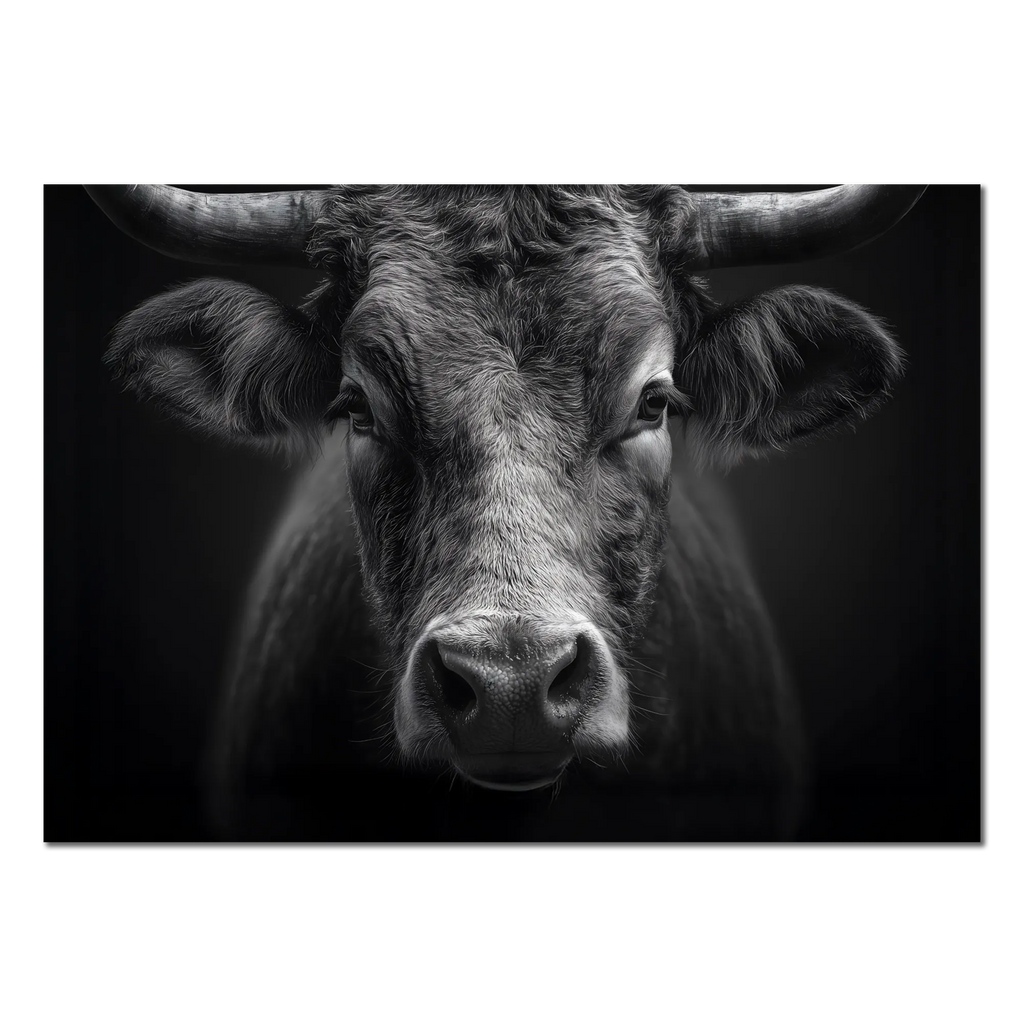 Presence of a bull - Alu-Dibond wall art featuring a powerful mountain bull in deep contrast.