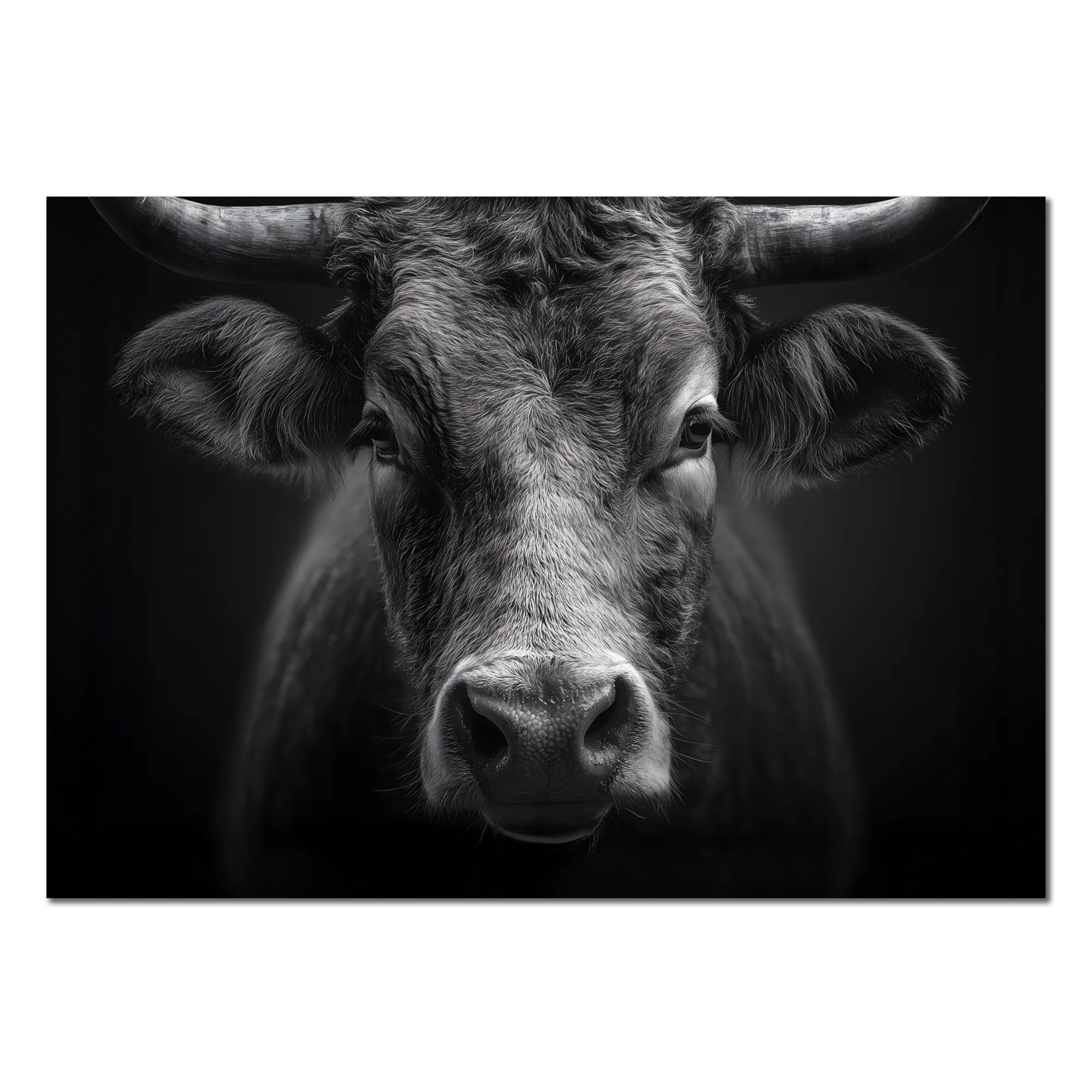 Presence of a bull - Alu-Dibond wall art featuring a powerful mountain bull in deep contrast.