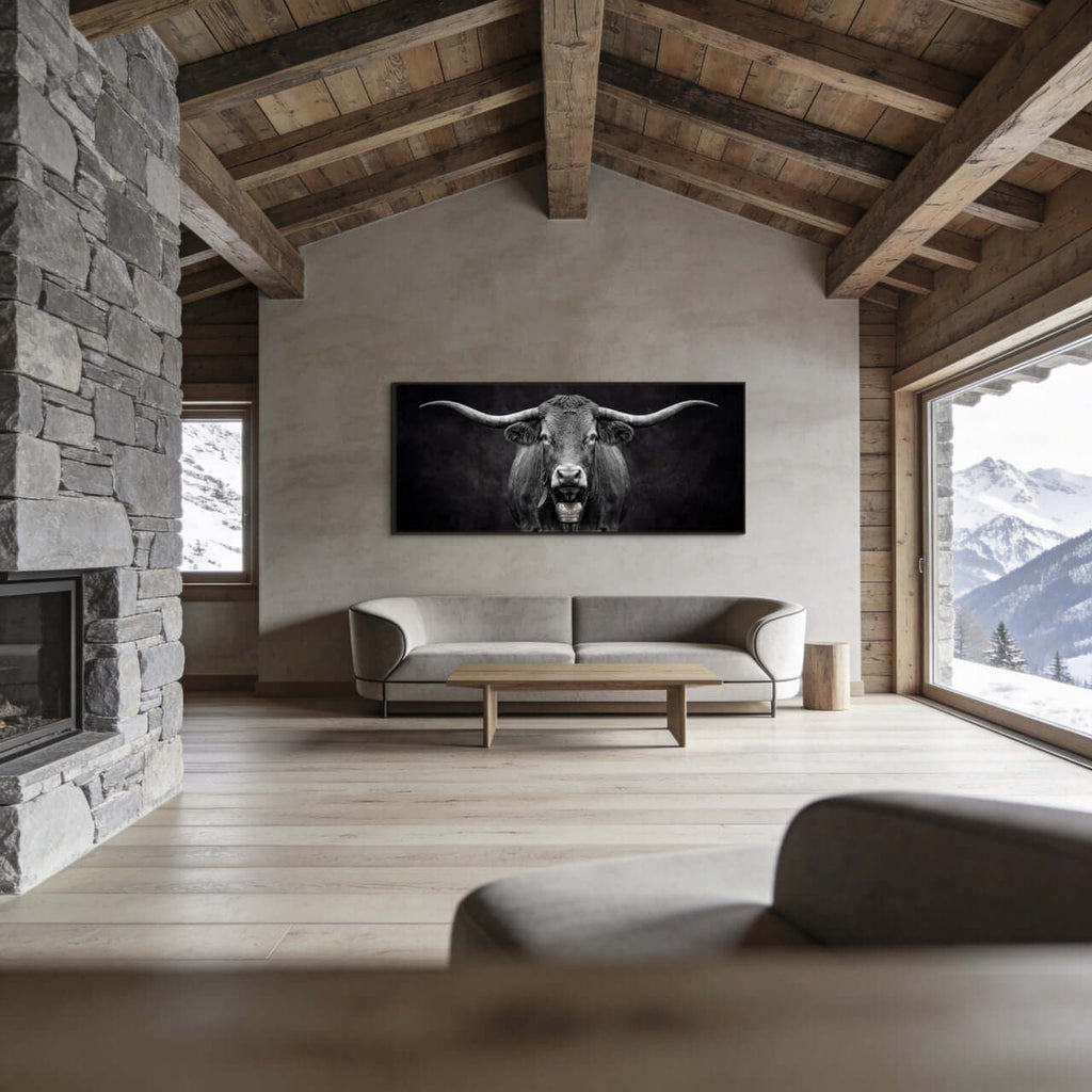 Presence of a Cow artwork displayed in a modern alpine living room setting.
