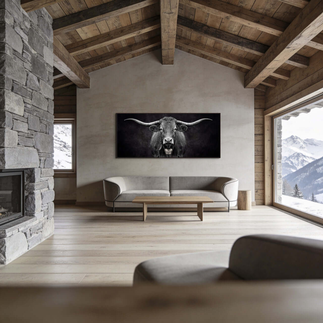 Presence of a Cow artwork displayed in a modern alpine living room setting.