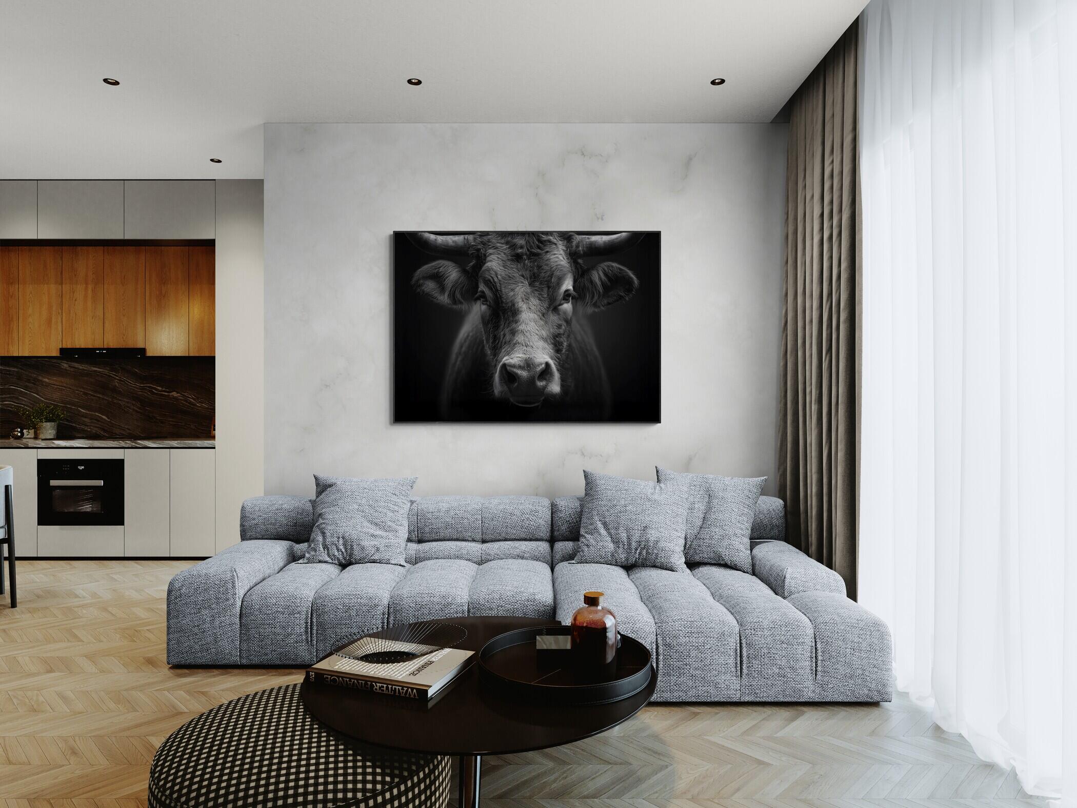 Presence of a bull - Alu-Dibond wall art displayed in a modern living room setting.
