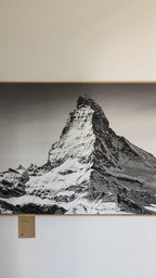 Ibex Before the Matterhorn alpine artwork on Alu-Dibond with natural oak floater frame, 200 × 80 cm