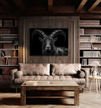 Pride of an alpine ibex - Alu-Dibond wall art displayed in a cozy living room setting.