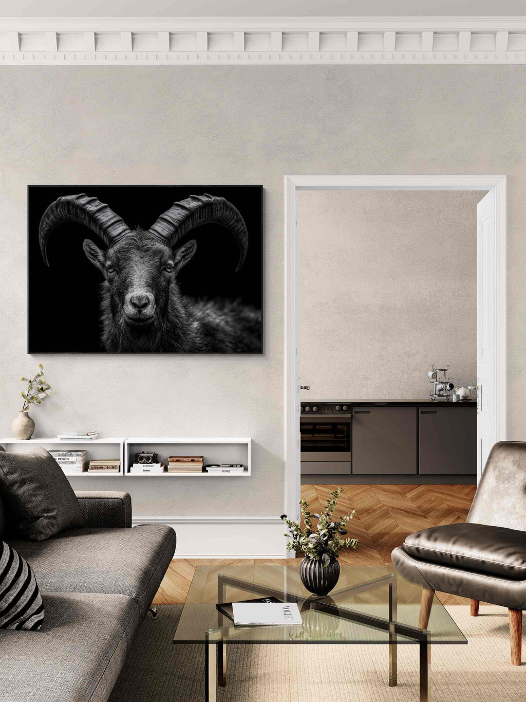 Pride of an alpine ibex - Alu-Dibond wall art displayed in a modern living room.