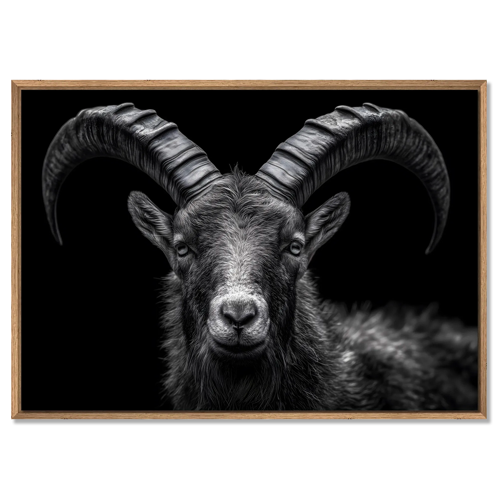 Pride of an alpine ibex - Alu-Dibond wall art with detailed horns and intense eyes on a matte background.