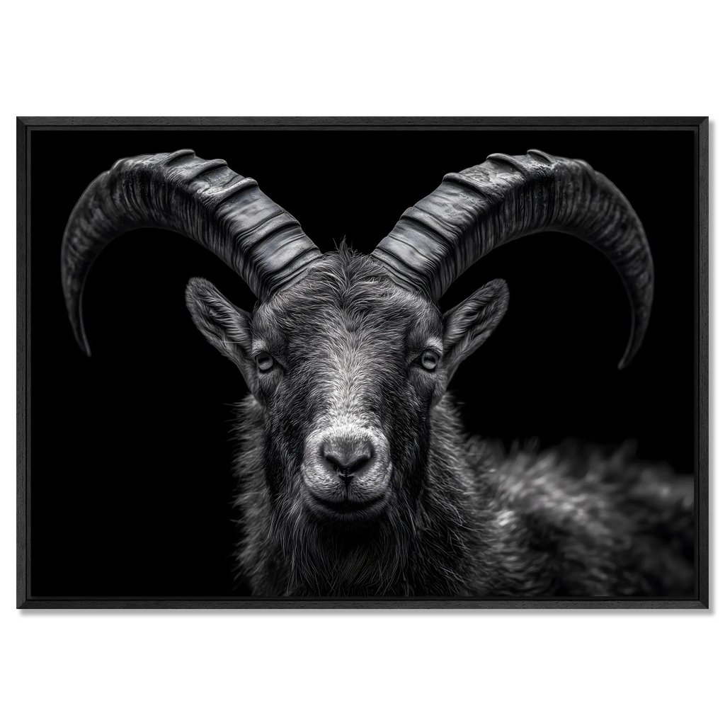 Pride of an alpine ibex - Alu-Dibond wall art showcasing the detailed features of an alpine ibex with striking horns.