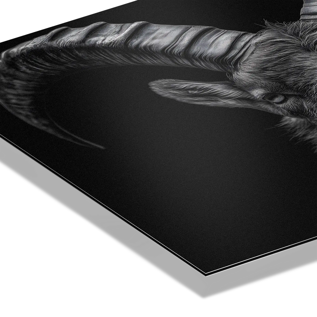 Pride of an alpine ibex - Alu-Dibond wall art featuring intricate detail of ibex horns on premium material.