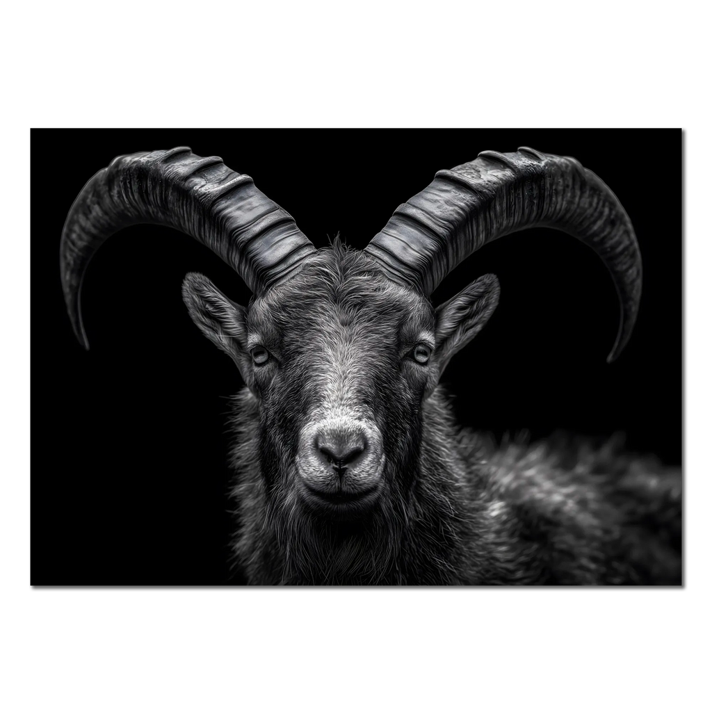 Pride of an alpine ibex - Alu-Dibond wall art featuring a detailed close-up of the ibex with majestic horns.