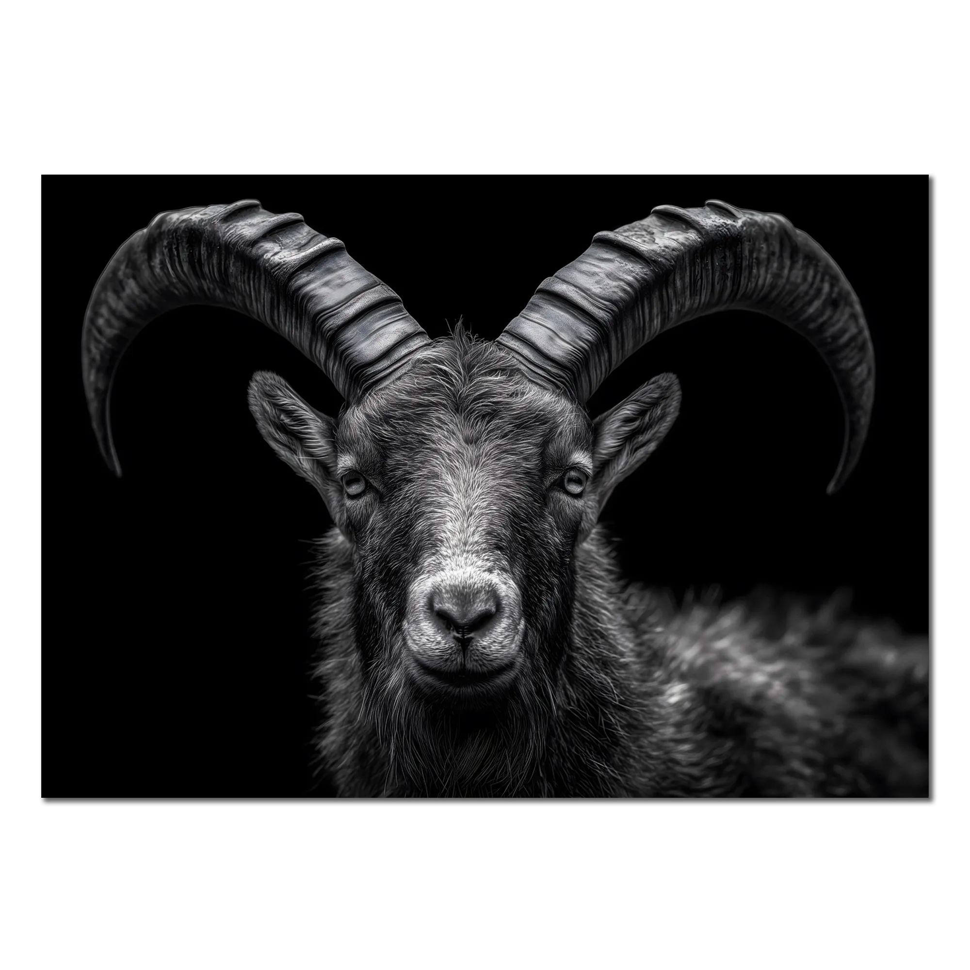 Pride of an alpine ibex - Alu-Dibond wall art featuring a detailed close-up of the ibex with majestic horns.