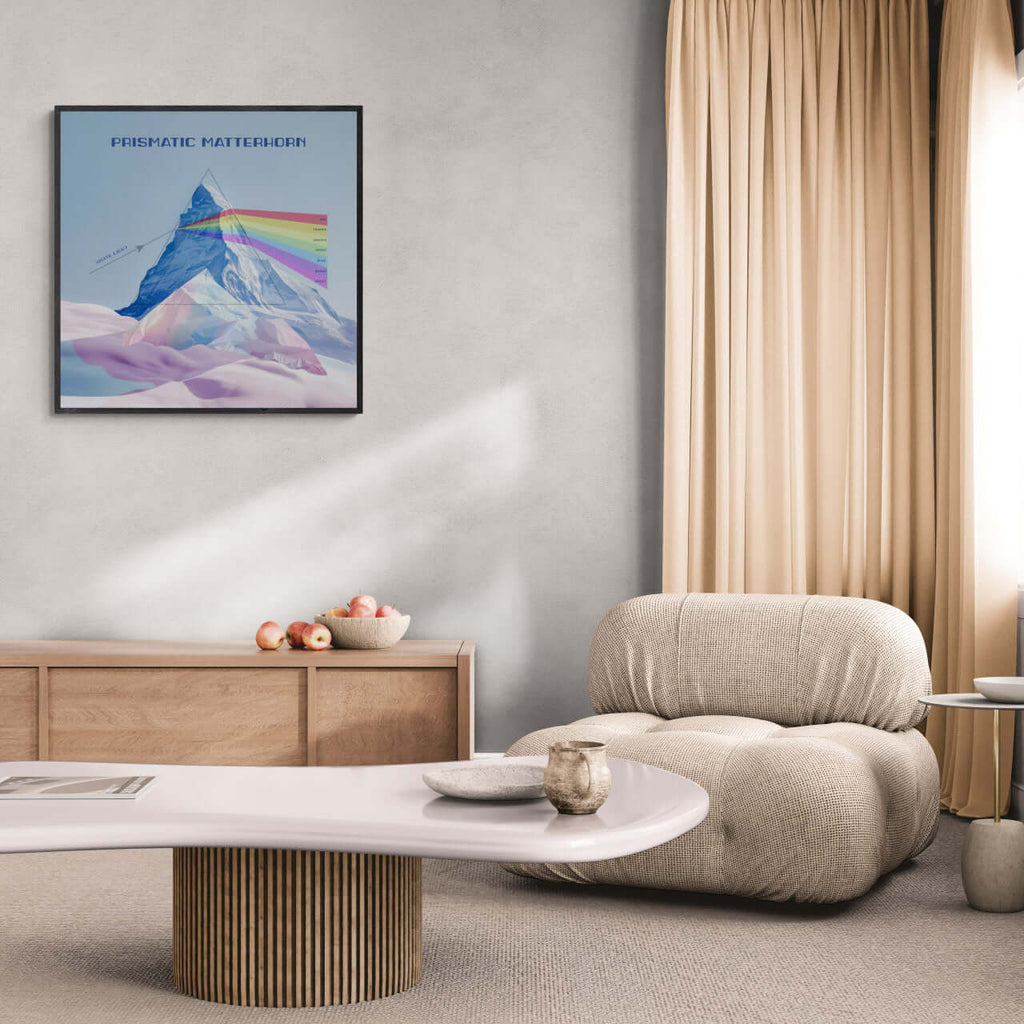 Prismatic Matterhorn - Poster displayed in a modern living room with minimalist decor, showcasing vibrant colors and geometric design.