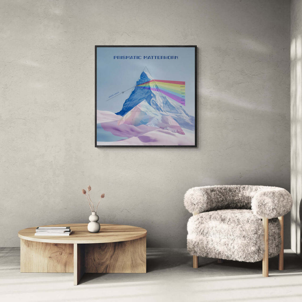 Prismatic Matterhorn - Poster showcased in a modern interior, featuring vibrant colors and geometric design.