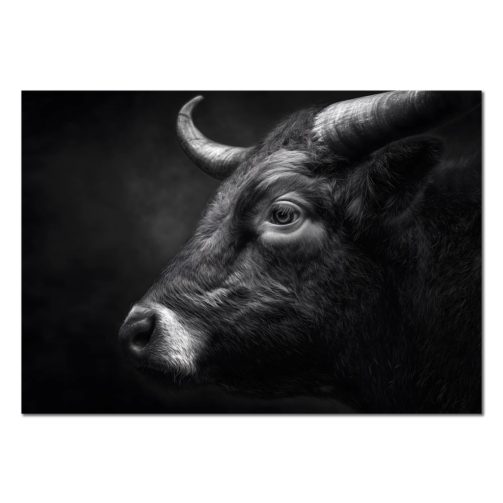 Profile of a bull - Alu-Dibond wall art showcasing the strength and endurance of a mountain bull in striking detail.