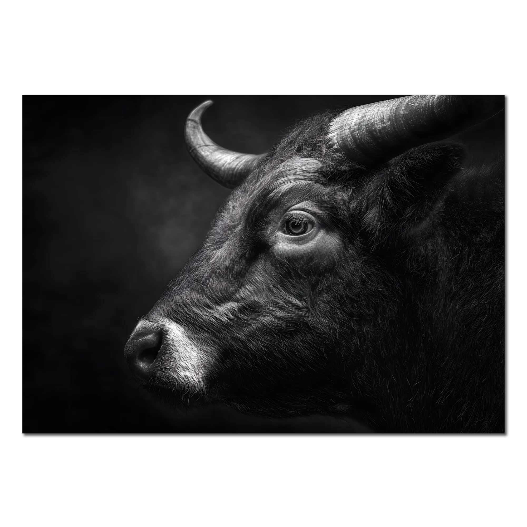 Profile of a bull - Alu-Dibond wall art showcasing the strength and endurance of a mountain bull in striking detail.