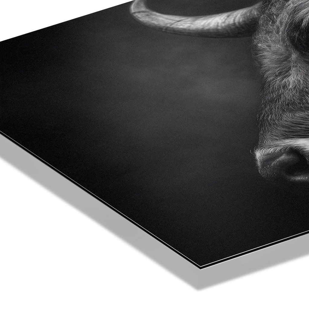 Profile of a bull - Alu-Dibond wall art showcasing the intense features and textures of a mountain bull.