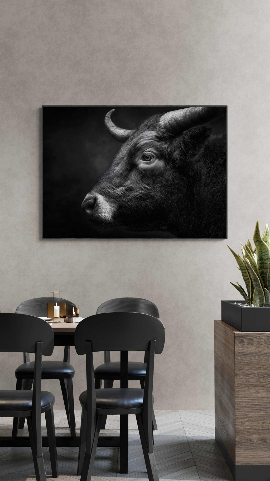 Profile of a bull - Alu-Dibond wall art displayed in a modern dining area.