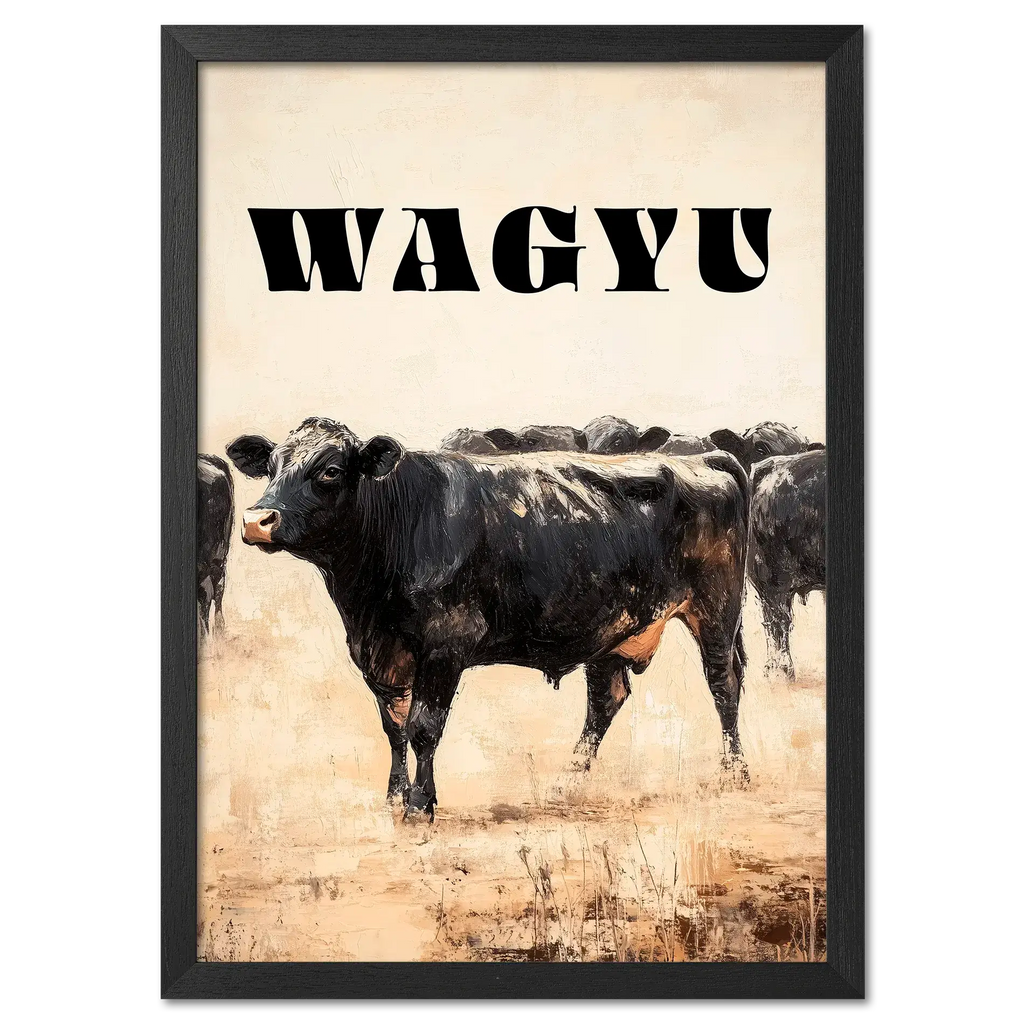 Proud Wagyu - Poster featuring a strong black Wagyu cow with bold lettering against a muted landscape.