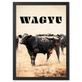 Proud Wagyu - Poster featuring a strong black Wagyu cow with bold lettering against a muted landscape.