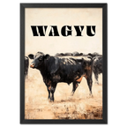 Proud Wagyu - Poster featuring a strong black Wagyu cow with bold lettering against a muted landscape.