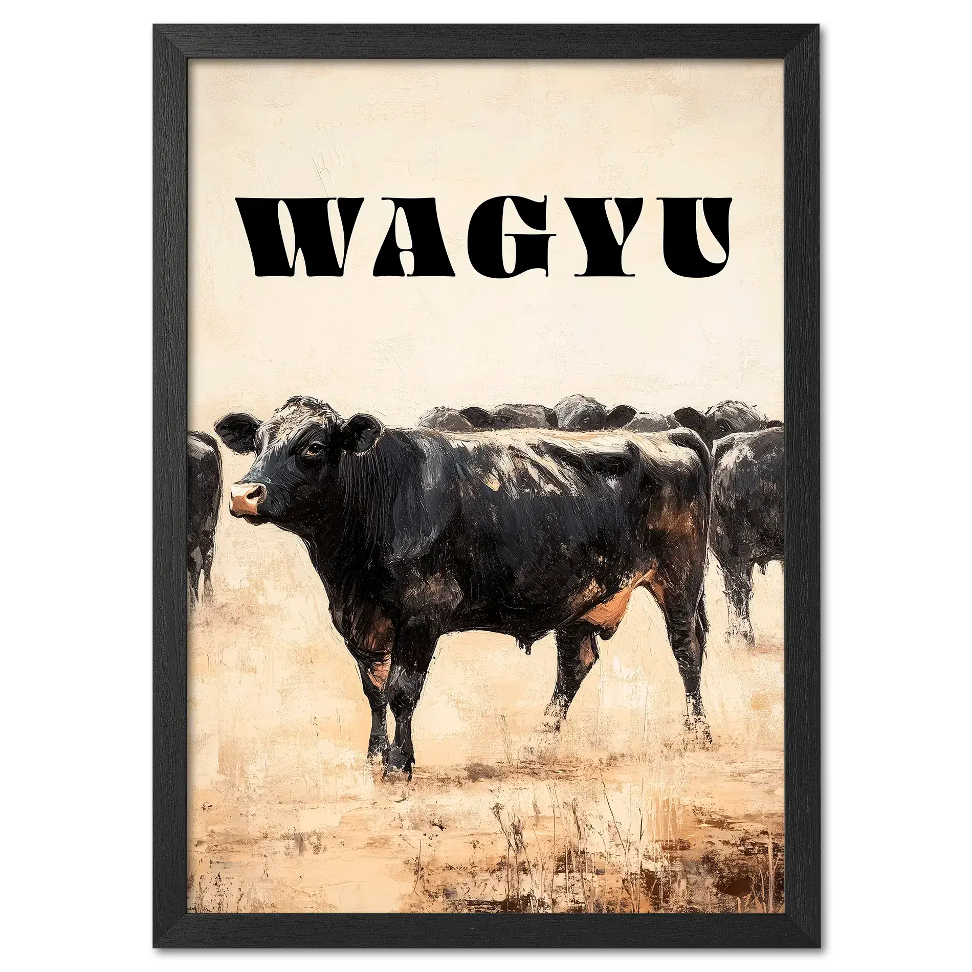Proud Wagyu - Poster featuring a strong black Wagyu cow with bold lettering against a muted landscape.