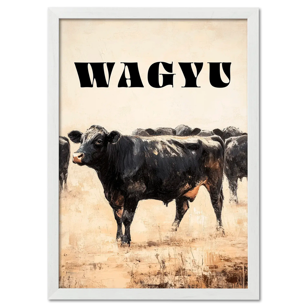 Proud Wagyu - Poster featuring a black Wagyu cow with the text WAGYU in bold letters.