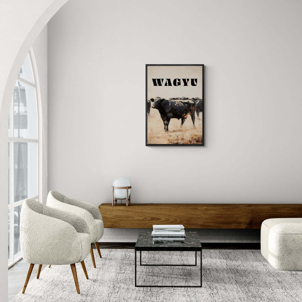 Proud Wagyu - Poster displayed in a modern minimalist living room with light furniture.