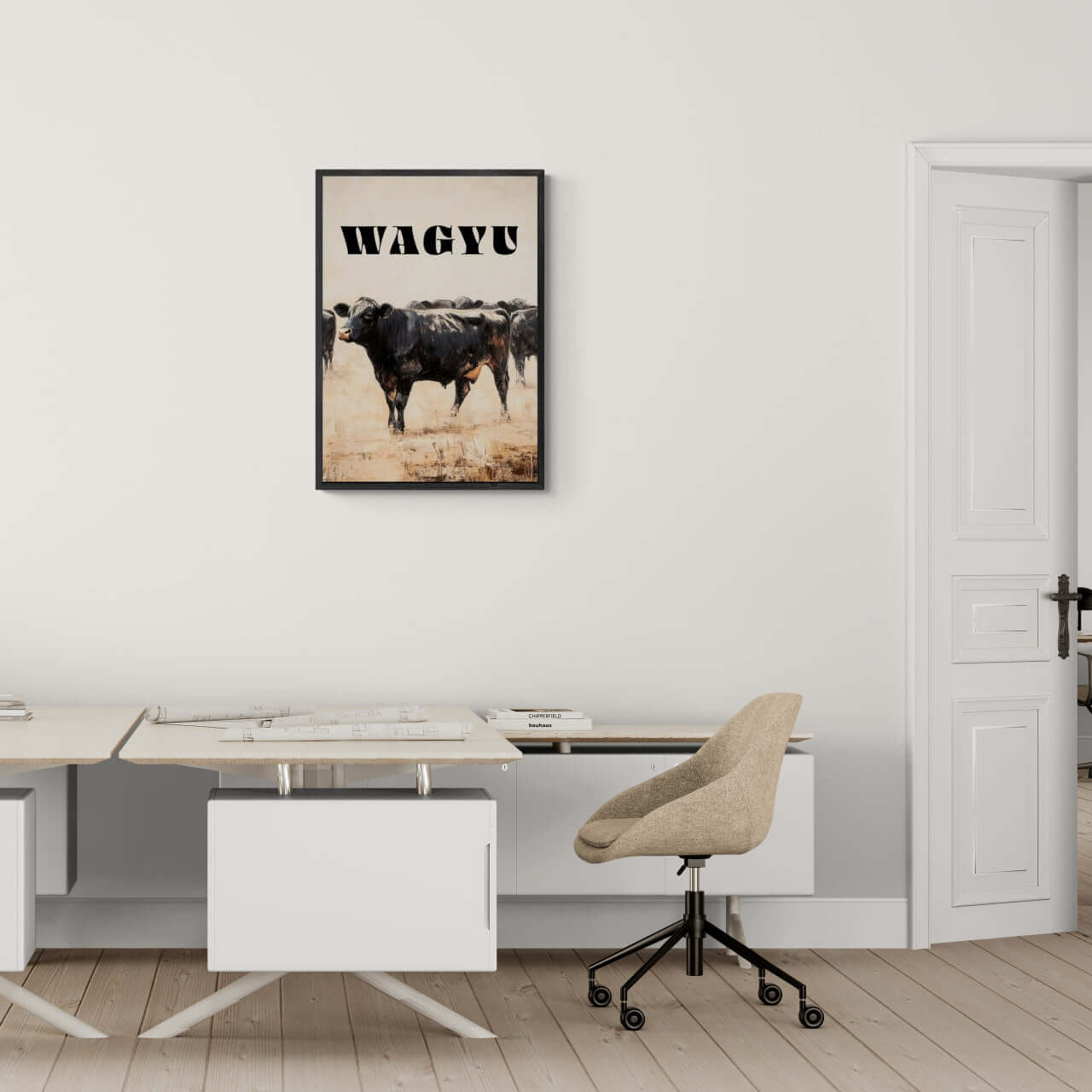 Proud Wagyu - Poster displayed in a modern office, featuring a calm Wagyu cow in a large format wall art.